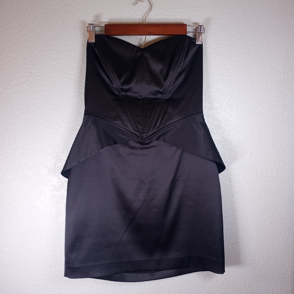 Betsey Johnson Vintage Black Satin Strapless Corset Sweetheart Neck Peplum Dress - Picture 2 of 11